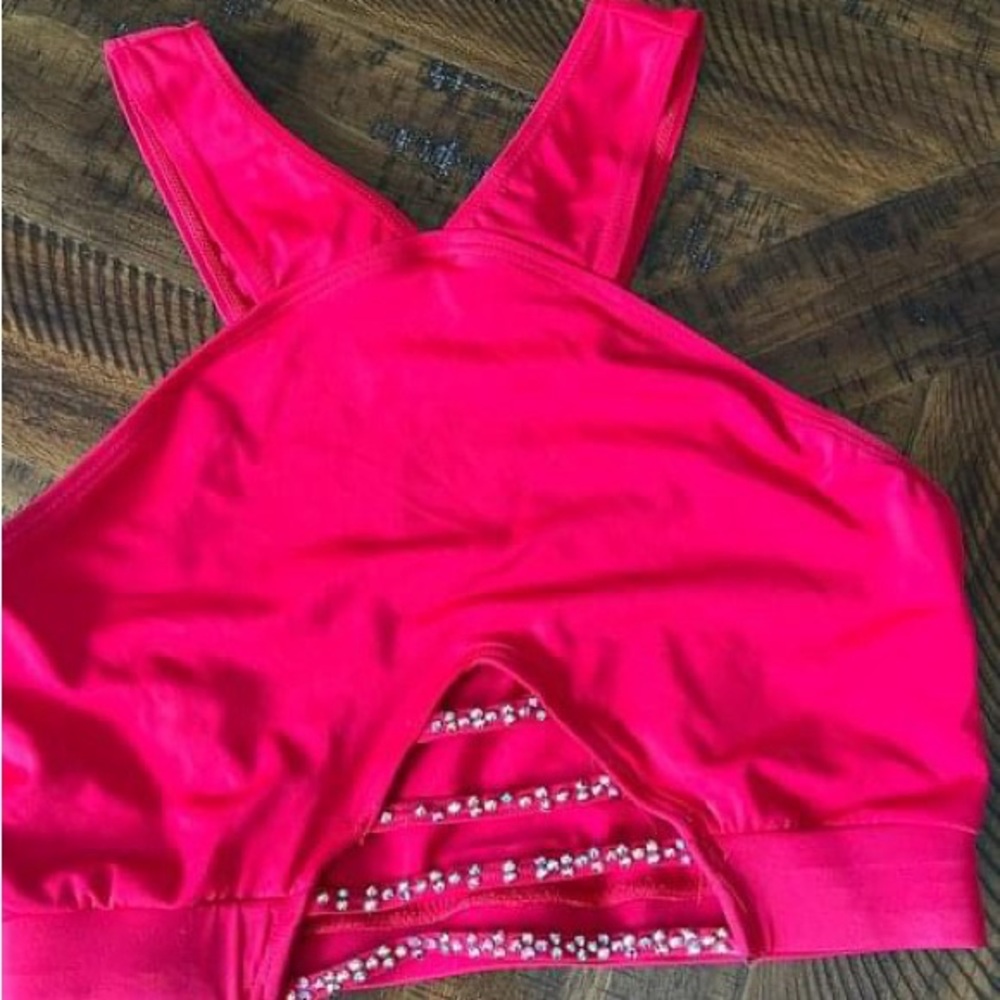 Red X Crop Top w/ Custom Rhinestoned - Size AS